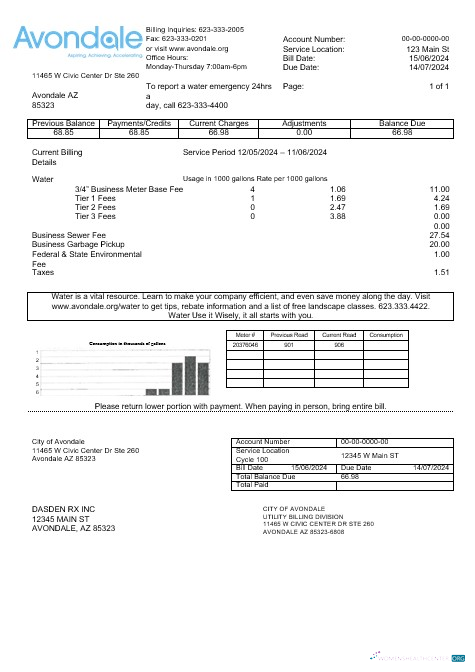 USA Arizona The City of Avondale Water business utility bill template in Word and PDF formats